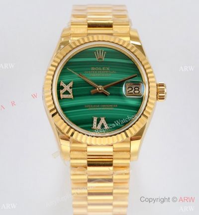 Rolex Oyster Perpetual Datejust Watch Malachite Face Yellow Gold 31mm